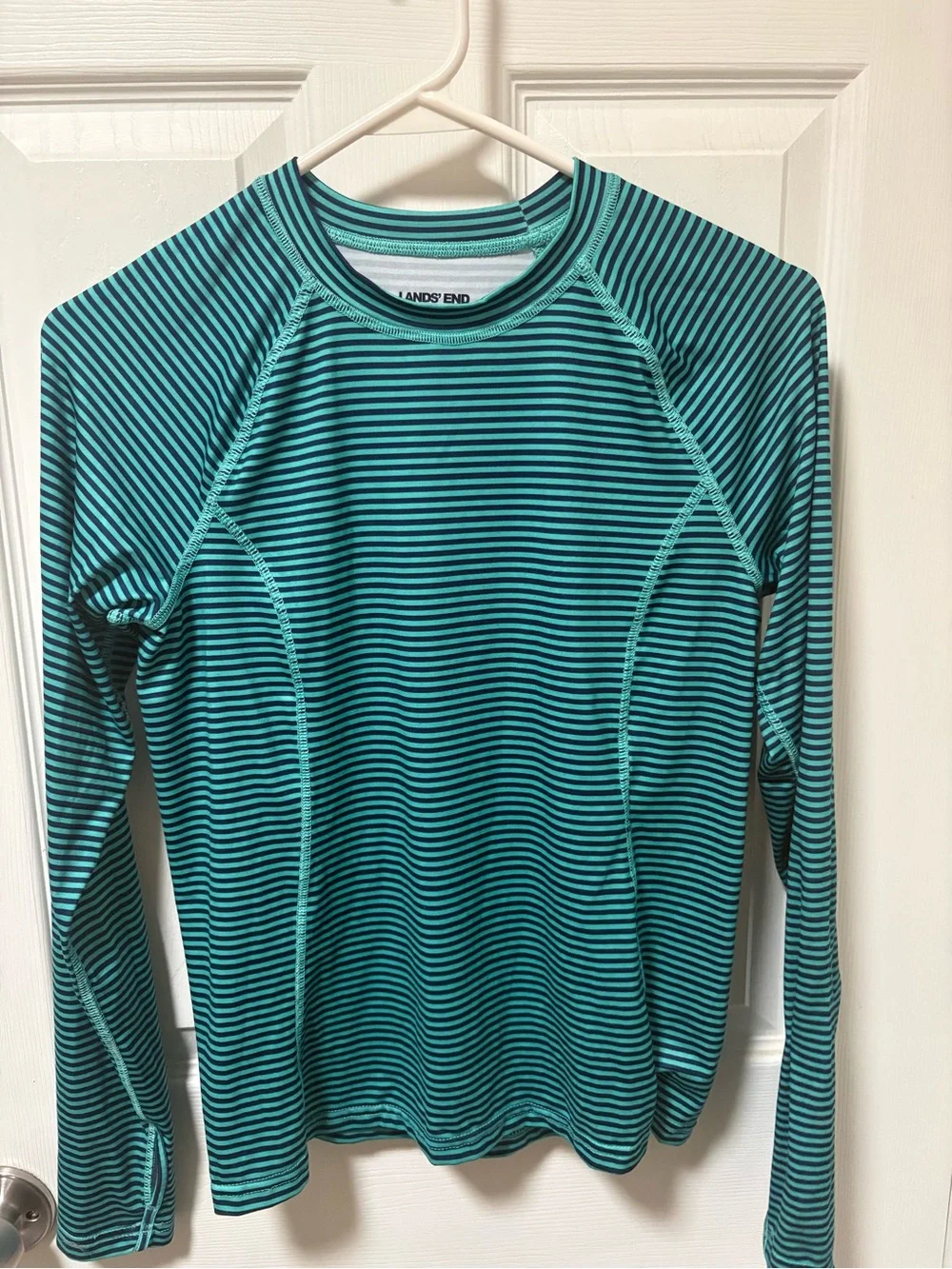 Lands' End Teal and Black Striped Long-Sleeve Rash Guard